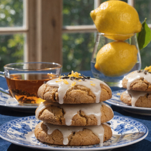 Pile de cookies Earl Grey au citron avec glaçage blanc sur assiette bleue.