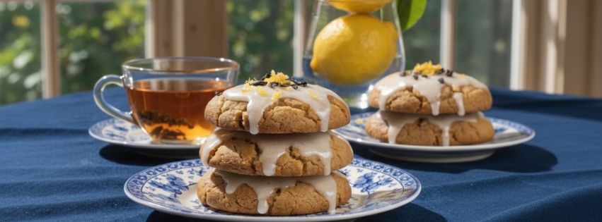 Cookies Earl Grey glacés au citron servis avec tasse de thé et citrons frais.