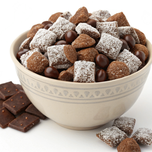 Muddy Buddies au chocolat dans un bol beige avec morceaux de chocolat noir.