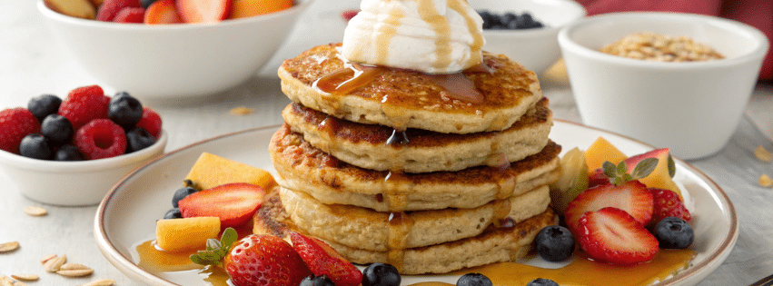 Pile de galettes aux flocons d’avoine et yaourt, nappées de sirop, garnies de fruits rouges frais et d’une touche de yaourt, petit-déjeuner sain et gourmand.