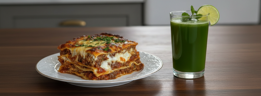 Lasagnes bolognaises gratinées servies avec un jus vert citron menthe.