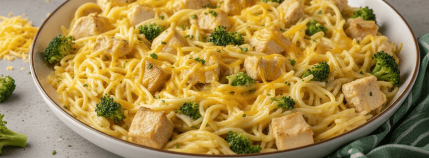 Assiette d’orzo crémeux au poulet, brocoli et cheddar fondant, plat complet et réconfortant préparé en une seule casserole.