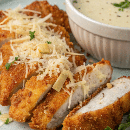 Escalopes de poulet en croûte de parmesan servies avec sauce crémeuse à l’ail dans un bol, plat croustillant et doré.