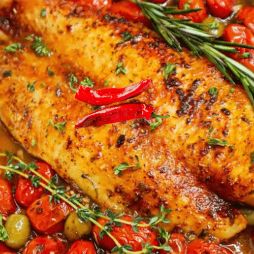 Poisson méditerranéen rôti au four garni de romarin, thym et légumes colorés.