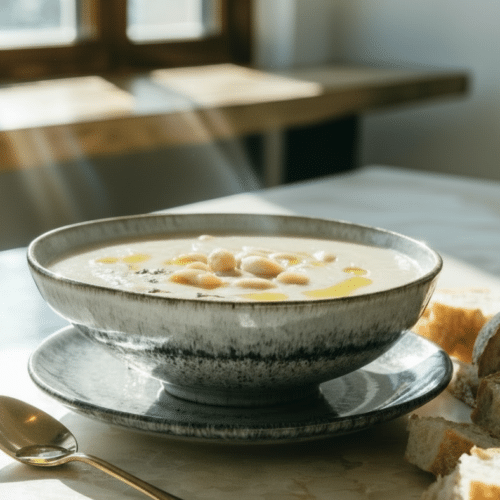 Bol de soupe aux haricots blancs sur table avec cuillère dorée et pain.
